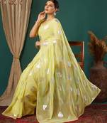 yellow silver lace foil screen printed georgette saree with blouse