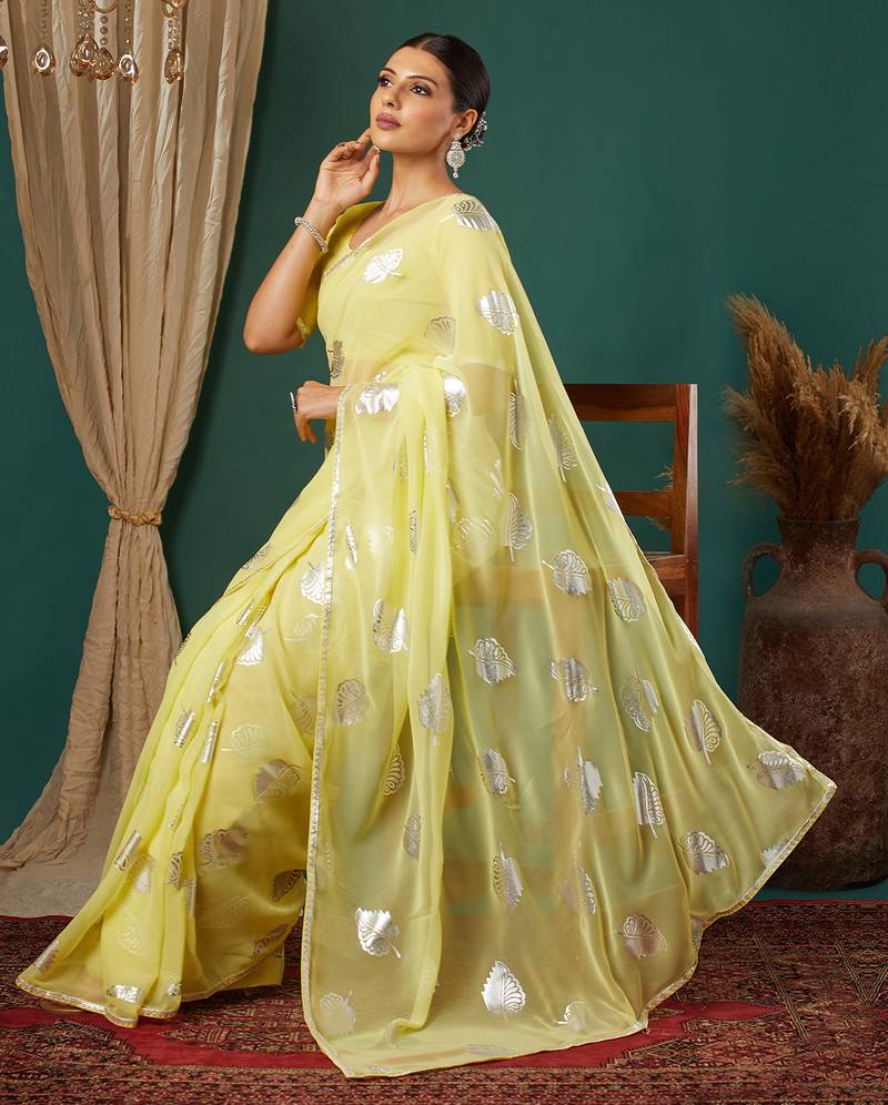 yellow silver lace foil screen printed georgette saree with blouse