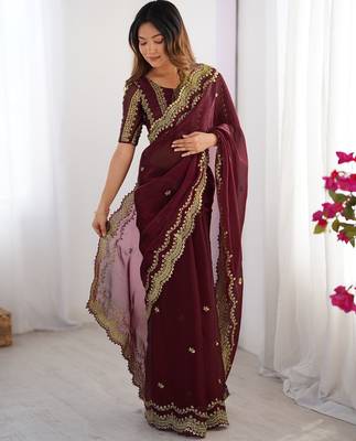 maroon sequin embroidered chiffon saree with blouse 4