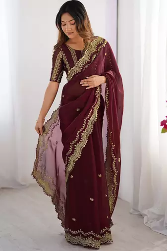 maroon sequin embroidered chiffon saree with blouse