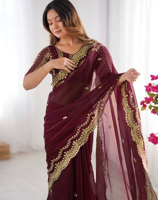 maroon sequin embroidered chiffon saree with blouse 5