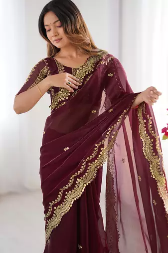 maroon sequin embroidered chiffon saree with blouse