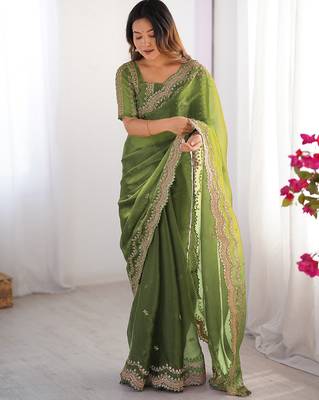 light green sequin embroidered chiffon saree with blouse 1