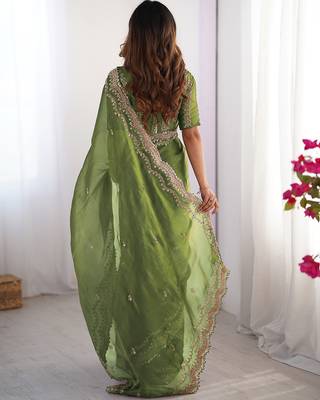 light green sequin embroidered chiffon saree with blouse 2
