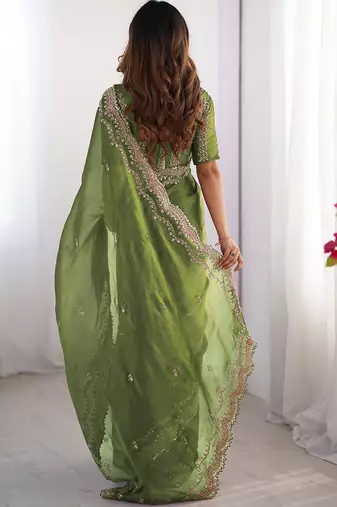 light green sequin embroidered chiffon saree with blouse