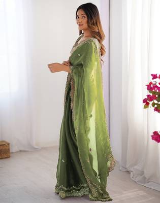 light green sequin embroidered chiffon saree with blouse 3