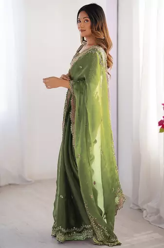 light green sequin embroidered chiffon saree with blouse