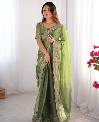 light green sequin embroidered chiffon saree with blouse 4