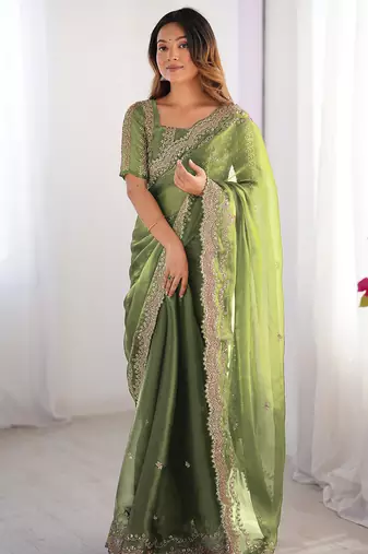 light green sequin embroidered chiffon saree with blouse
