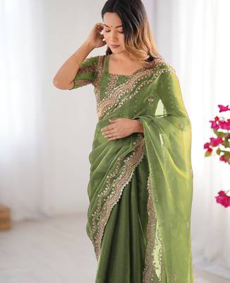 light green sequin embroidered chiffon saree with blouse 5