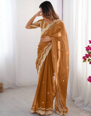 dusty orange sequin embroidered chiffon saree with blouse 1