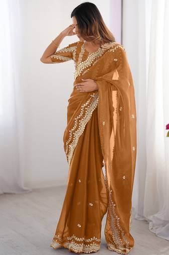 dusty orange sequin embroidered chiffon saree with blouse
