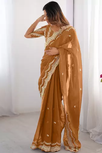 dusty orange sequin embroidered chiffon saree with blouse