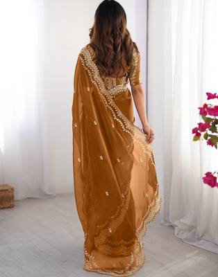 dusty orange sequin embroidered chiffon saree with blouse 2