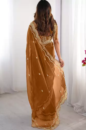dusty orange sequin embroidered chiffon saree with blouse