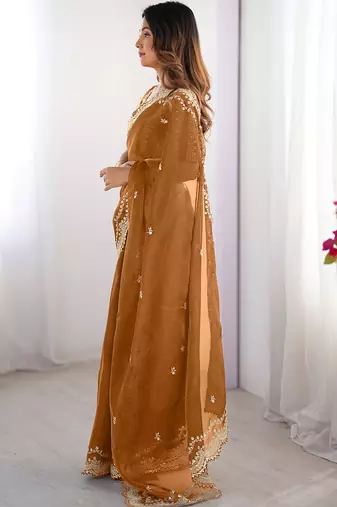dusty orange sequin embroidered chiffon saree with blouse