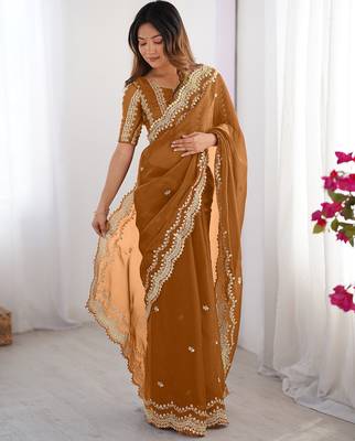 dusty orange sequin embroidered chiffon saree with blouse 4