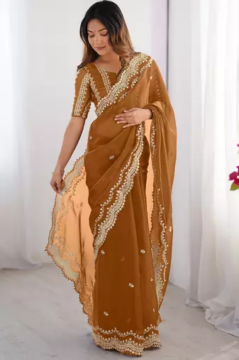 dusty orange sequin embroidered chiffon saree with blouse