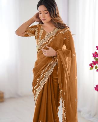 dusty orange sequin embroidered chiffon saree with blouse 5