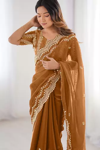 dusty orange sequin embroidered chiffon saree with blouse