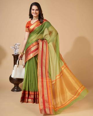 green woven semi cotton saree 3