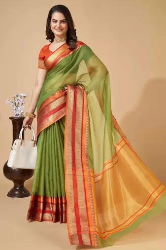 green woven semi cotton saree