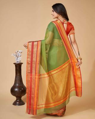 green woven semi cotton saree 4