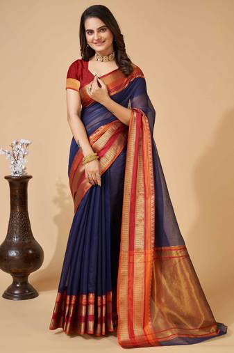navy blue woven semi cotton saree