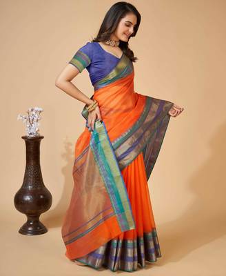 orange woven semi cotton saree 3