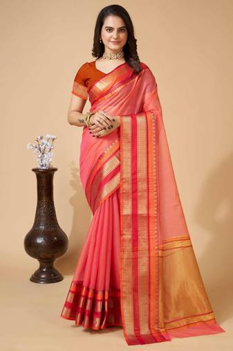 peach woven semi cotton saree