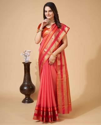 peach woven semi cotton saree 3