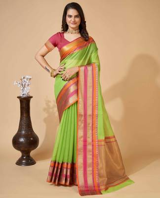 green woven semi cotton saree 1