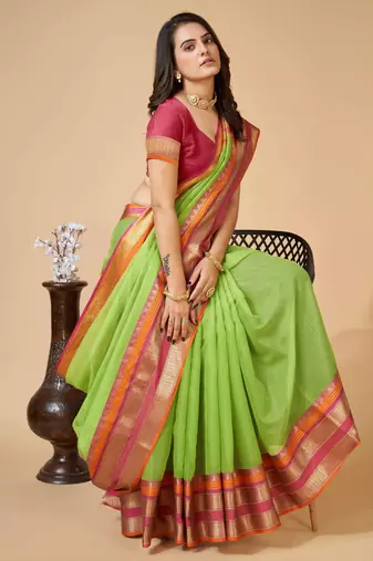green woven semi cotton saree