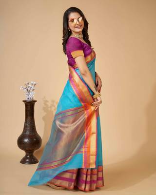 sky blue woven semi cotton saree 1