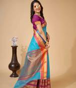 sky blue woven semi cotton saree