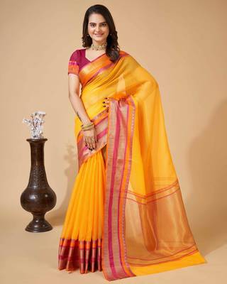 yellow woven semi cotton saree 1