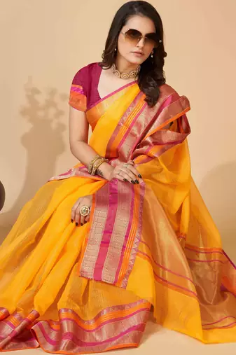 yellow woven semi cotton saree