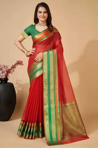 red soft semi cotton saree with blouse piece