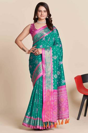 blue traditional pure patola saree with contrast weave