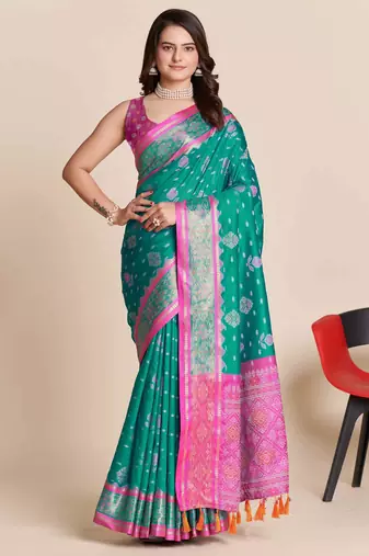 blue traditional pure patola saree with contrast weave