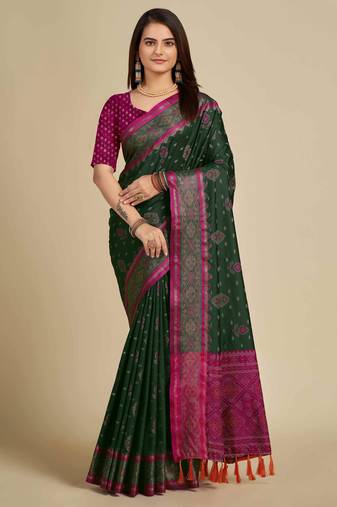 green patola silk blend saree with contrast weave meenakari & tassels