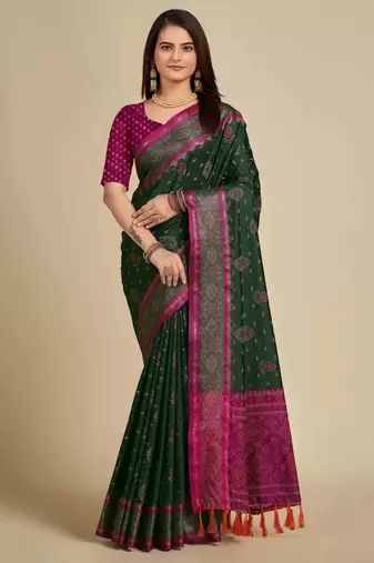 green patola silk blend saree with contrast weave meenakari & tassels