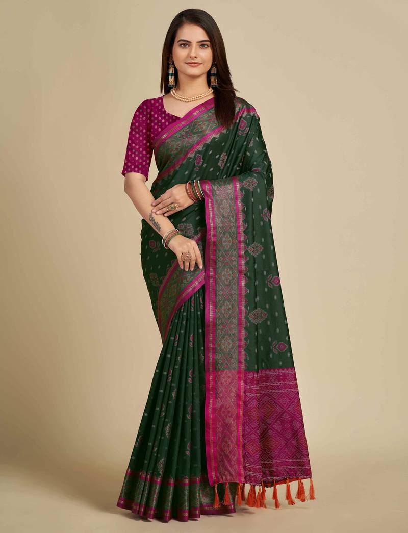 green patola silk blend saree with contrast weave meenakari & tassels