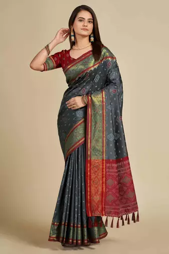grey patola silk blend saree with contrast weave meenakari & tassels