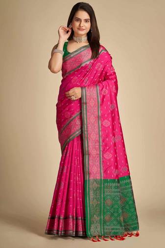 pink traditional pure patola saree with contrast weave