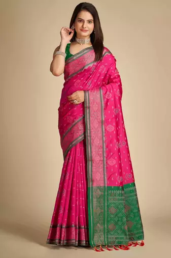 pink traditional pure patola saree with contrast weave