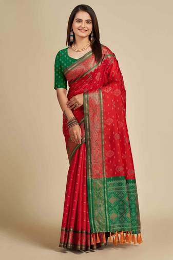 red patola silk blend saree with contrast weave meenakari & tassels
