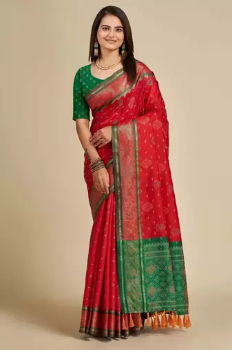 red patola silk blend saree with contrast weave meenakari & tassels