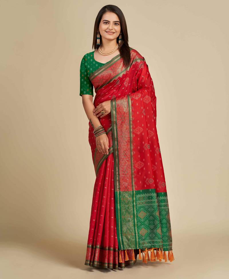 red patola silk blend saree with contrast weave meenakari & tassels