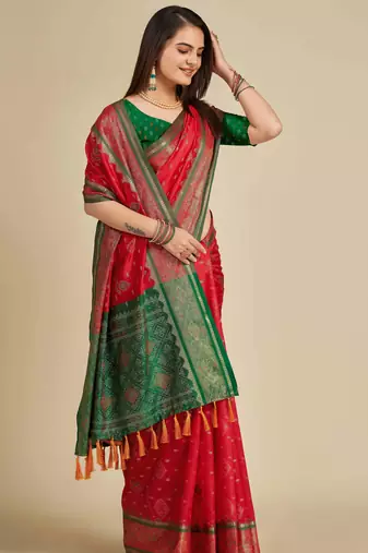 red patola silk blend saree with contrast weave meenakari & tassels
